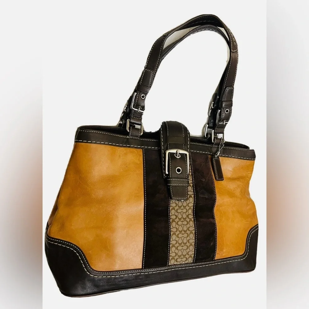Coach Strip Brown & Tan Soft Leather Shoulder Bag